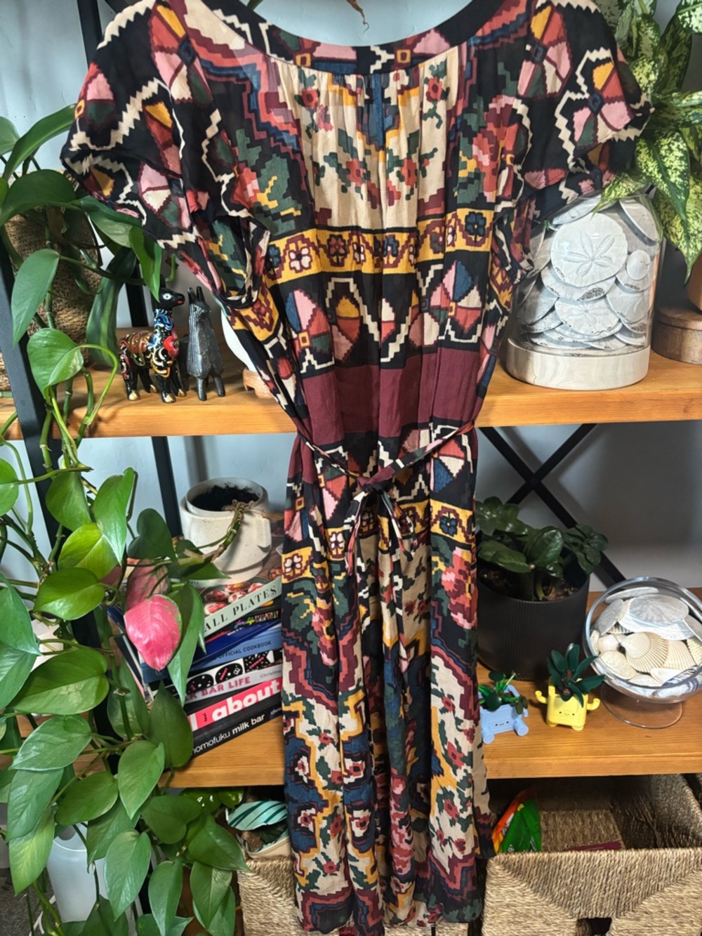 Anthropologie Akemi + Kin Chiffon Flowy Ikat Tribal Roses Dress | Small - Picture 2 of 5